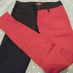 Half black half red skinny jeans